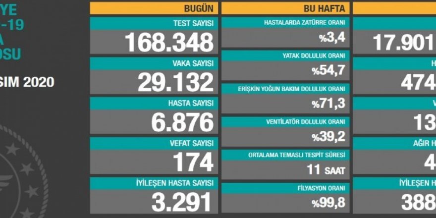 Türkiye’de 174 can kaybı, 29 bin 132 yeni vaka tespiti