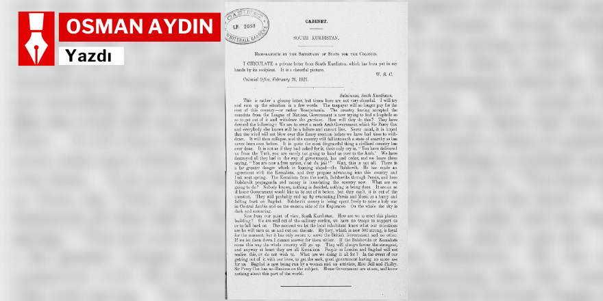 Winston Churchill'in 1921'de, Güney Kürdistan'la ilgili gizli dereceli mektubu